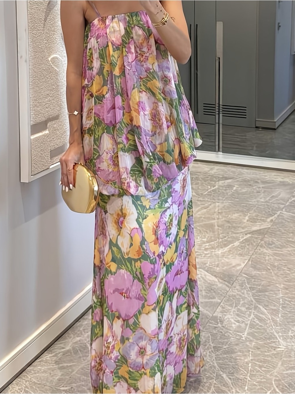 Floral Two Piece Maxi Skirt & Cami Top Set | Size XL | Pink Green Spring Summer